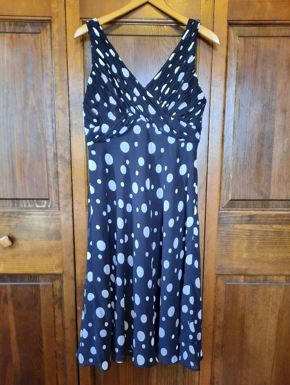 Retro Rena Rowan Black Polka Dot V-neck Empire Waist Pin-up Midi Dress Size 12